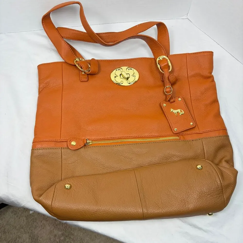Emma Fox orange brown soft leather tote handbag. floral lining. satchel, purse